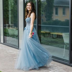 Blue Strapless Prom Dress